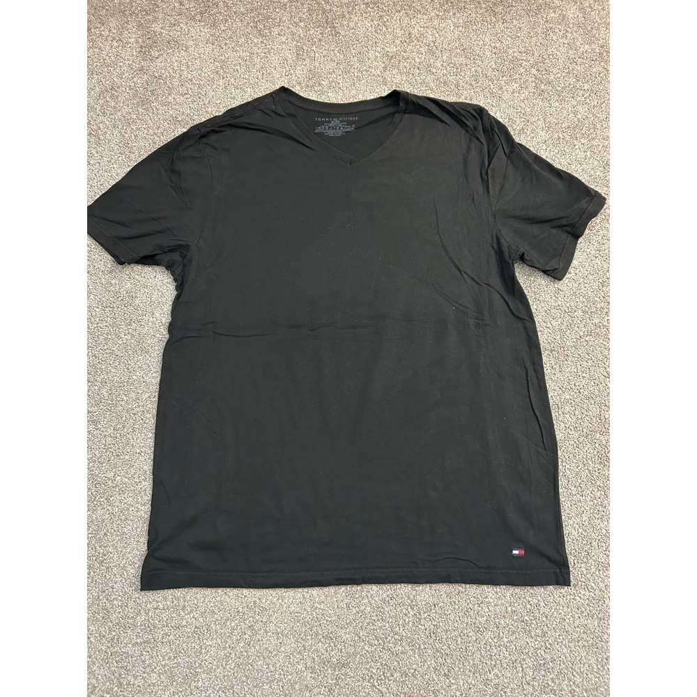 Tommy Hilfiger V-Neck T-Shirt Mens XL Black Excellent Cotton Flag Logo Tee